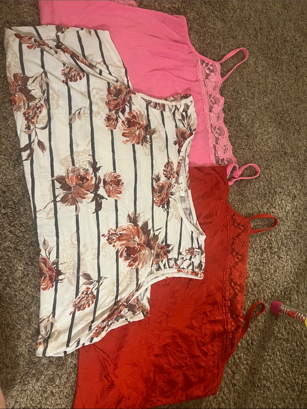 Maurices Three-Pack Lace-Trim Camis — Pink, Red & Floral Stripe